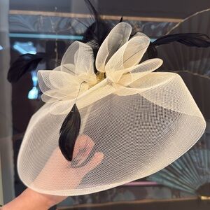 Cream and Black Wide-Brimmed Hat with Floral Accents NWOT